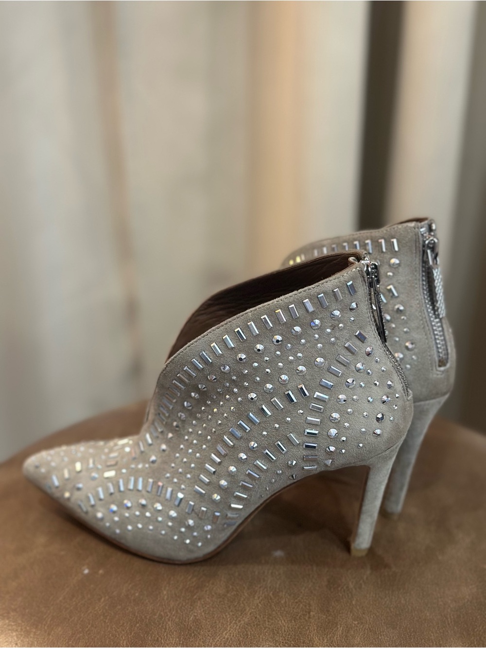 Donald J. Pliner Gray Suede Crystal-Embellished Pointed Ankle Booties